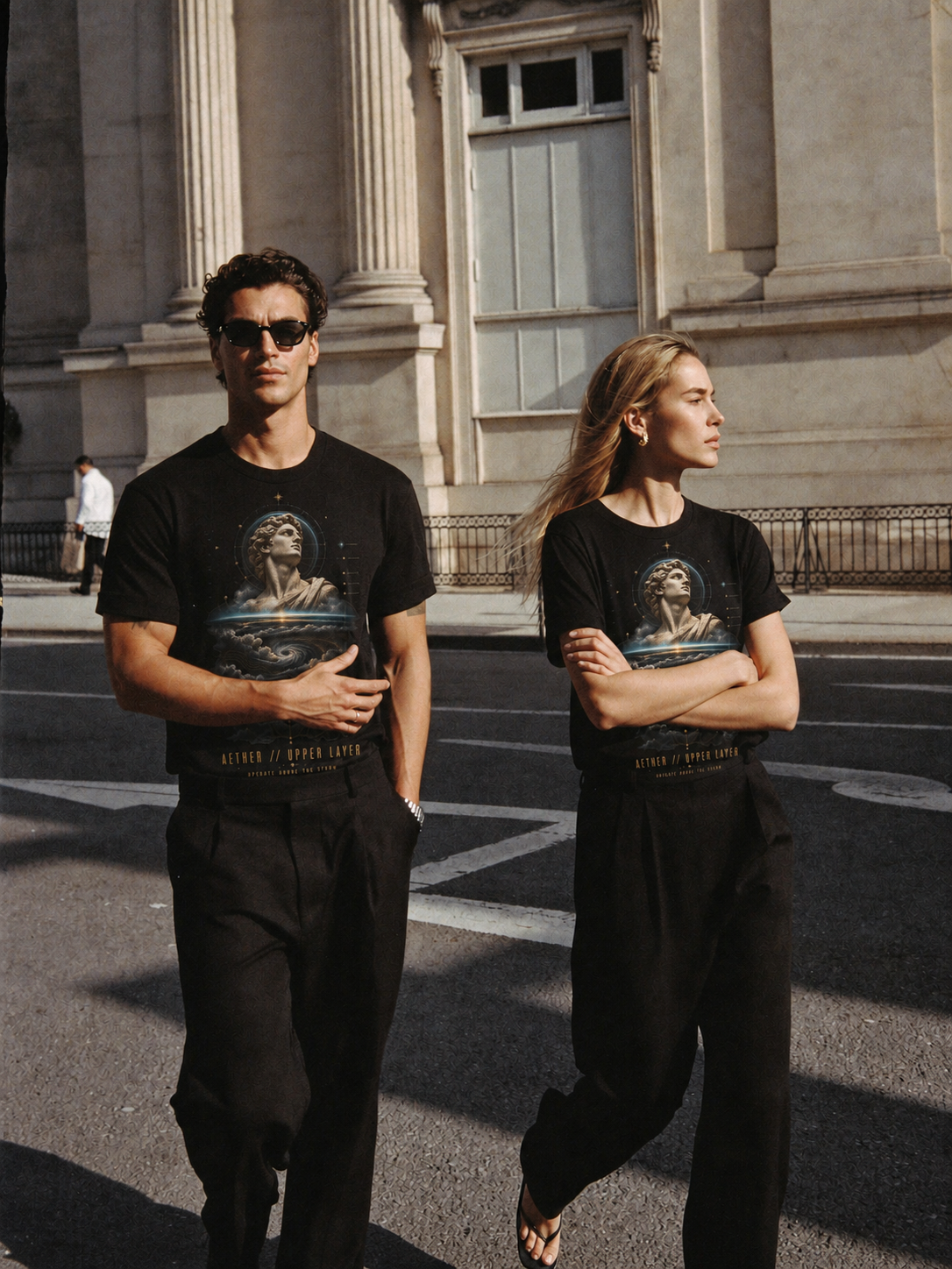 Aether Upper Layer black T-shirt — couple Athens lifestyle shot 05