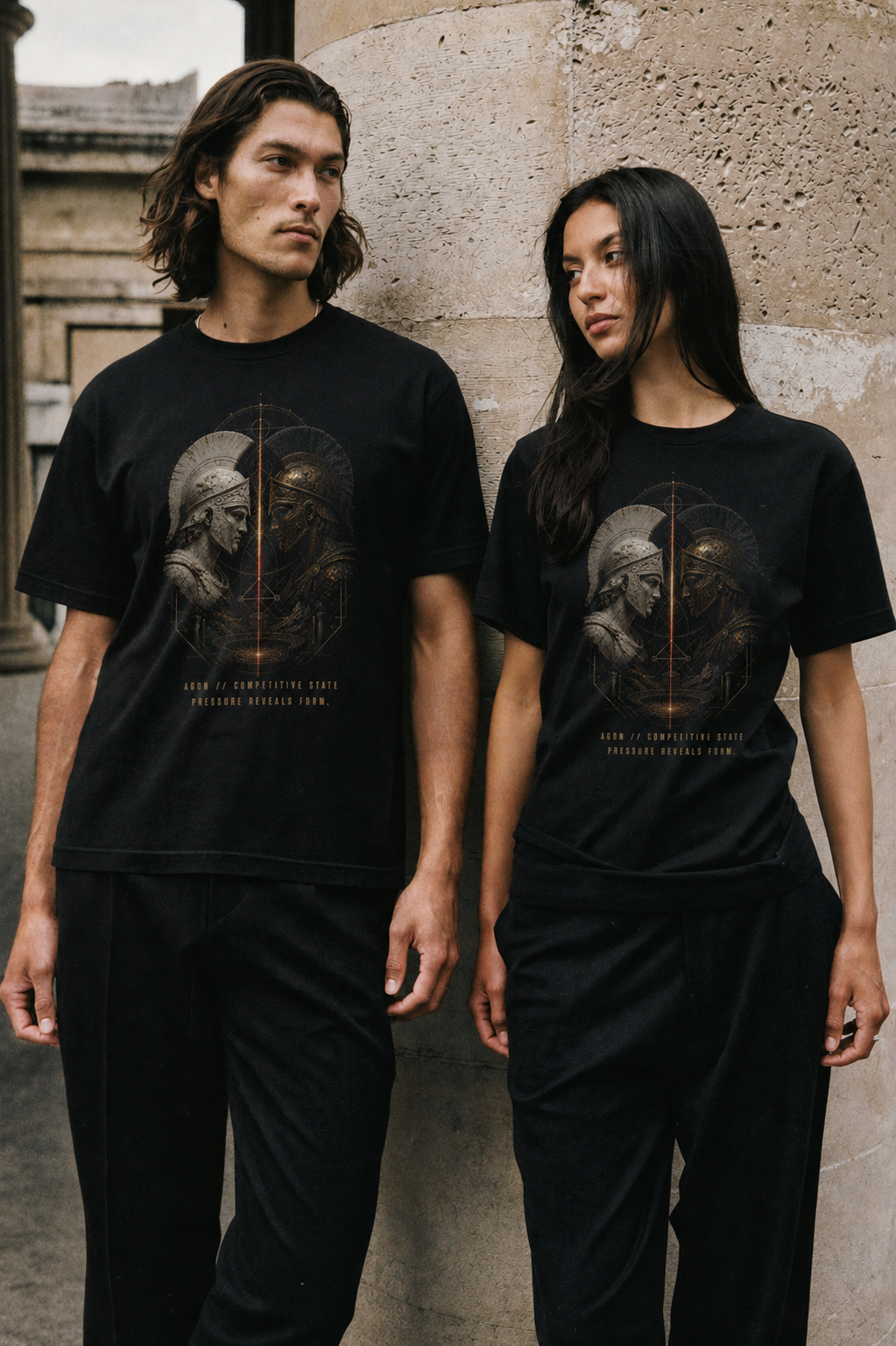 Agon Competitive State black T-shirt — couple Athens lifestyle shot 05