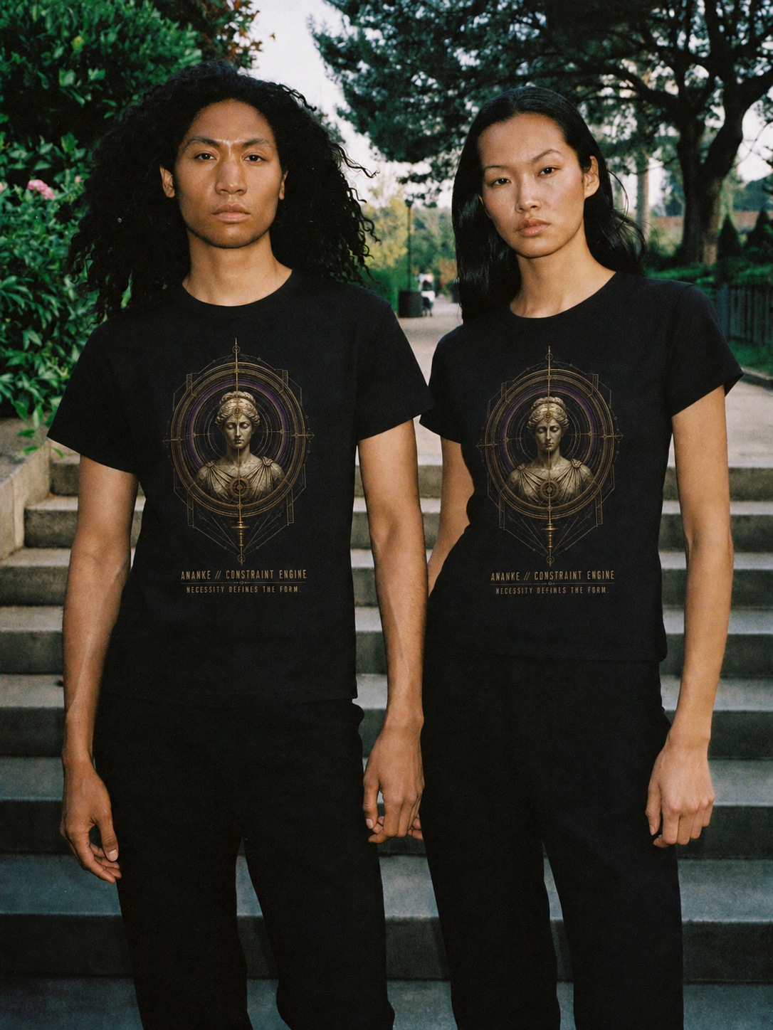 Ananke Constraint Engine black T-shirt — couple Athens lifestyle shot 05