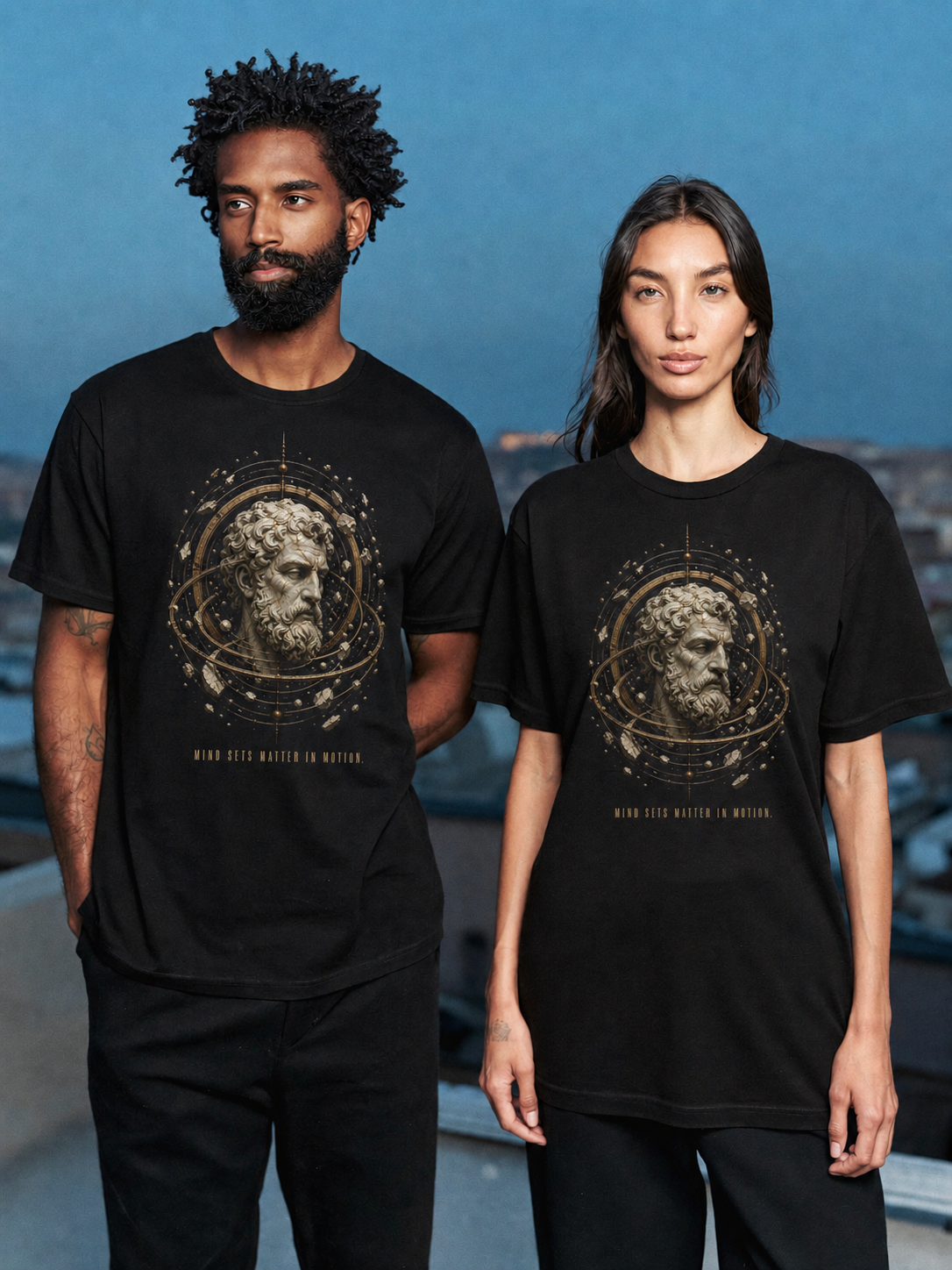 Anaxagoras Nous Engine black T-shirt — couple Athens lifestyle shot 05