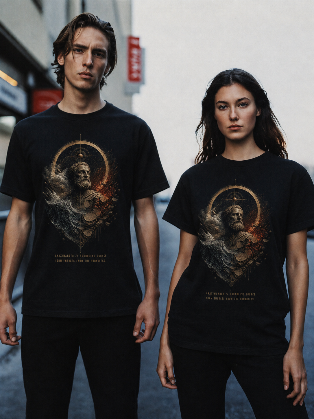 Anaximander Boundless Source black T-shirt — couple Athens lifestyle shot 05