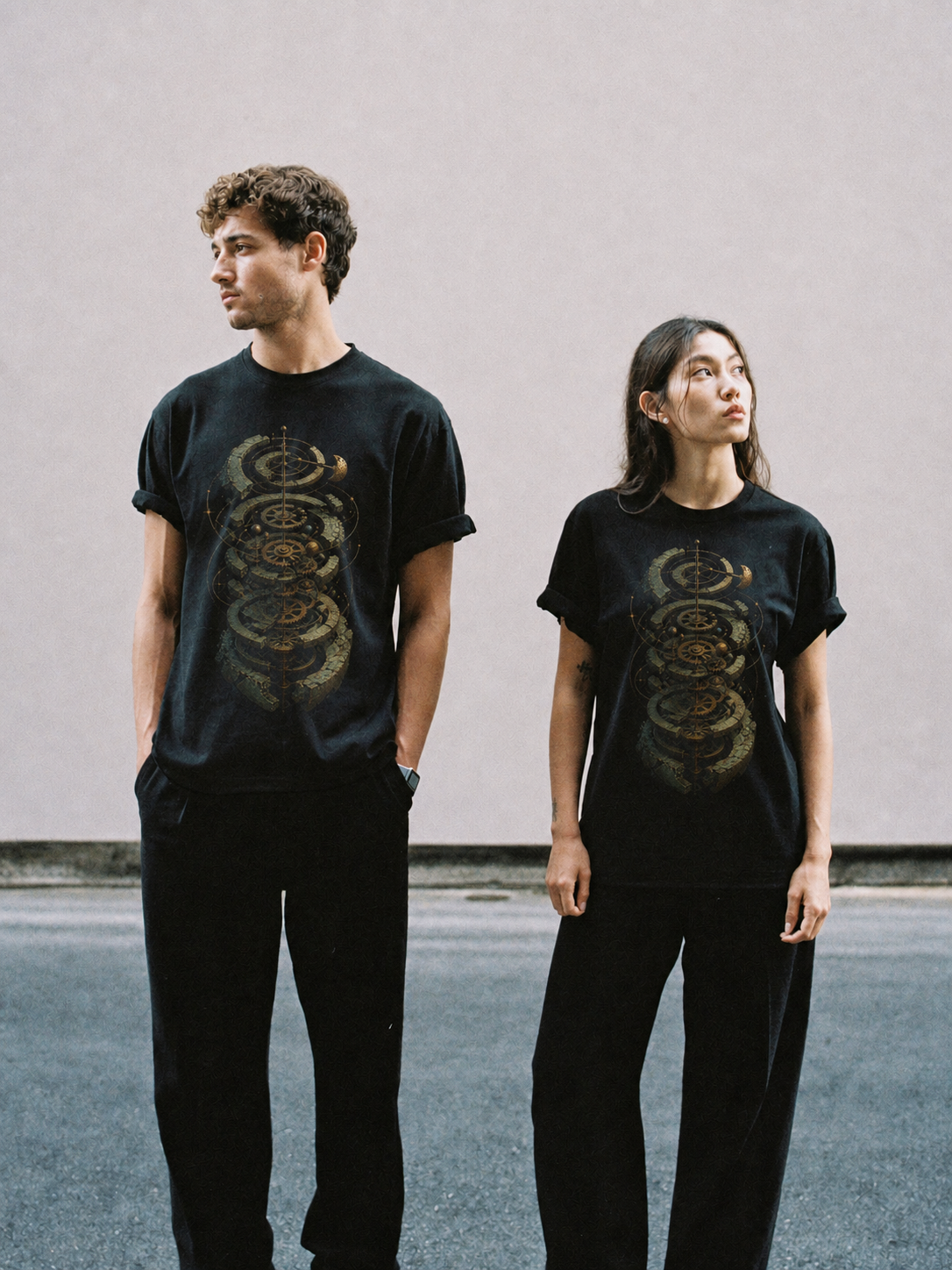 Antikythera Celestial Mechanism black T-shirt — couple Athens lifestyle shot 05