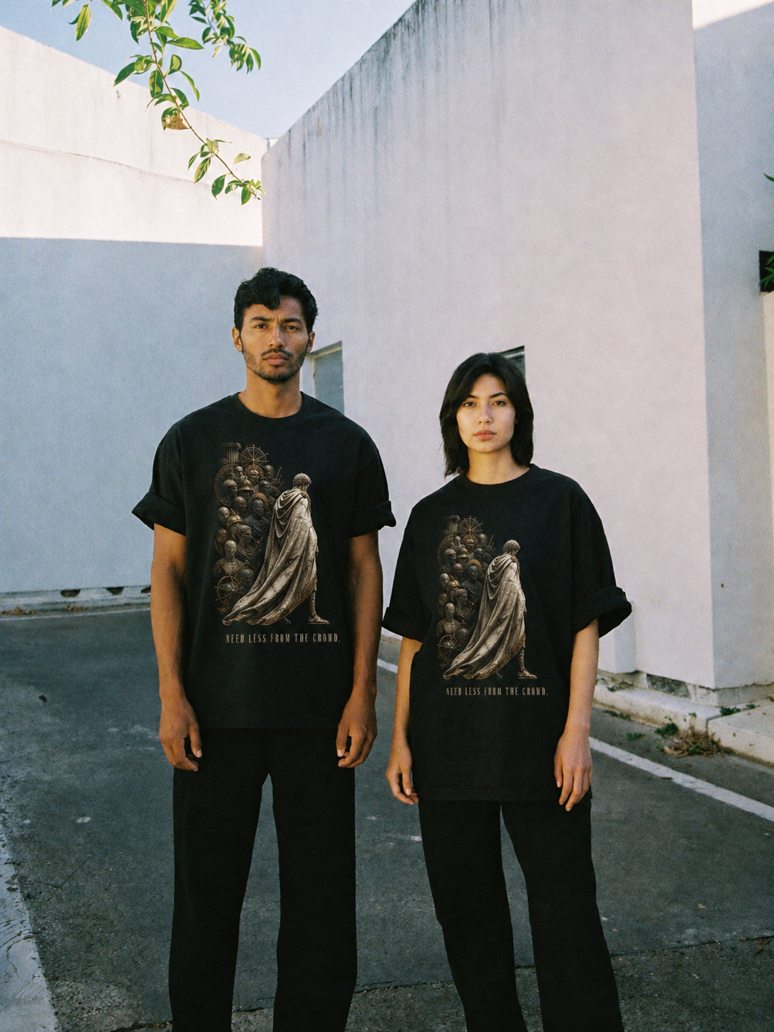 Antisthenes Self-Sufficiency black T-shirt — couple Athens lifestyle shot 05