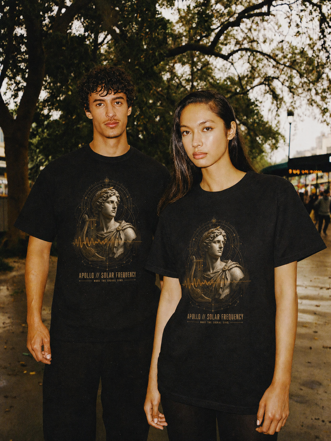 Apollo Solar Frequency black T-shirt — couple Athens lifestyle shot 05