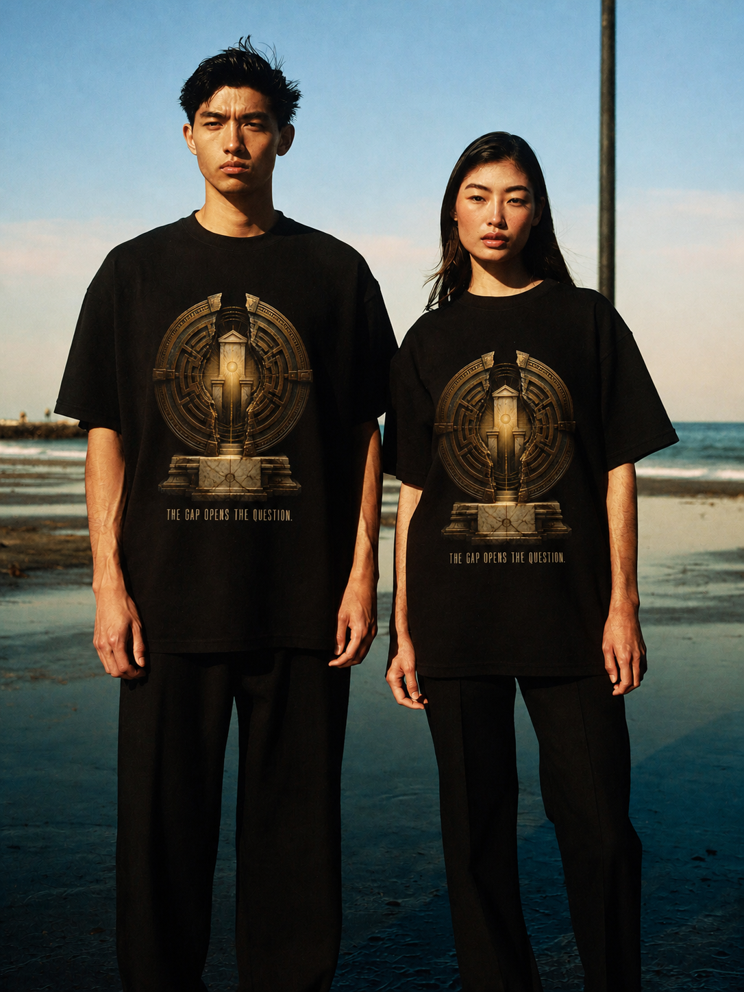 Aporia Productive Doubt black T-shirt — couple Athens lifestyle shot 05