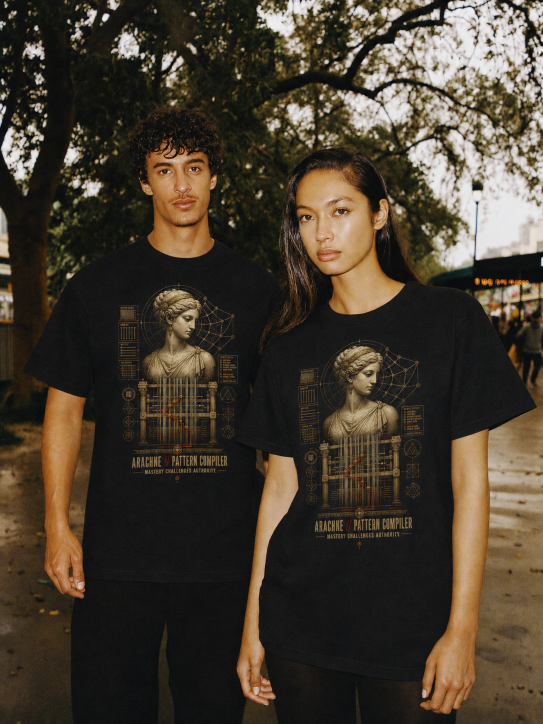 Arachne Pattern Compiler black T-shirt — couple Athens lifestyle shot 05