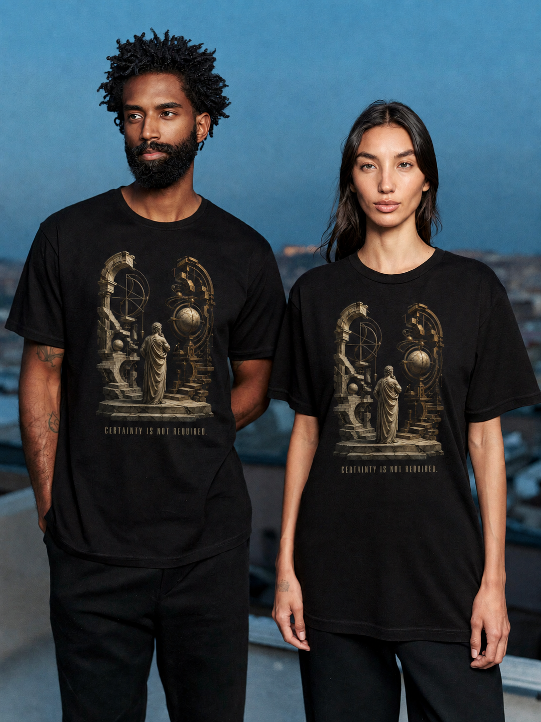 Arcesilaus Open Inquiry black T-shirt — couple Athens lifestyle shot 05