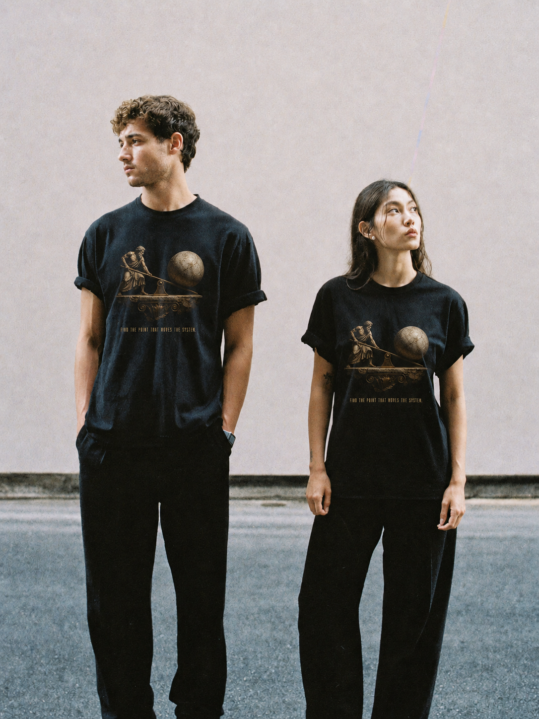 Archimedes Leverage Principle T-Shirt — couple lifestyle scene 1 in Athens