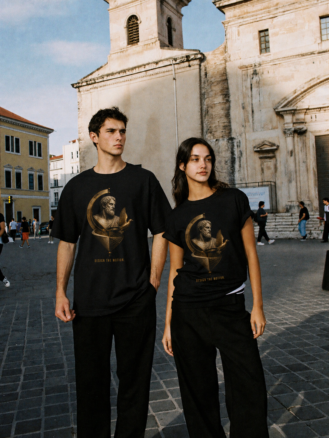 Archytas Motion Geometry T-Shirt — couple lifestyle scene 1 in Athens