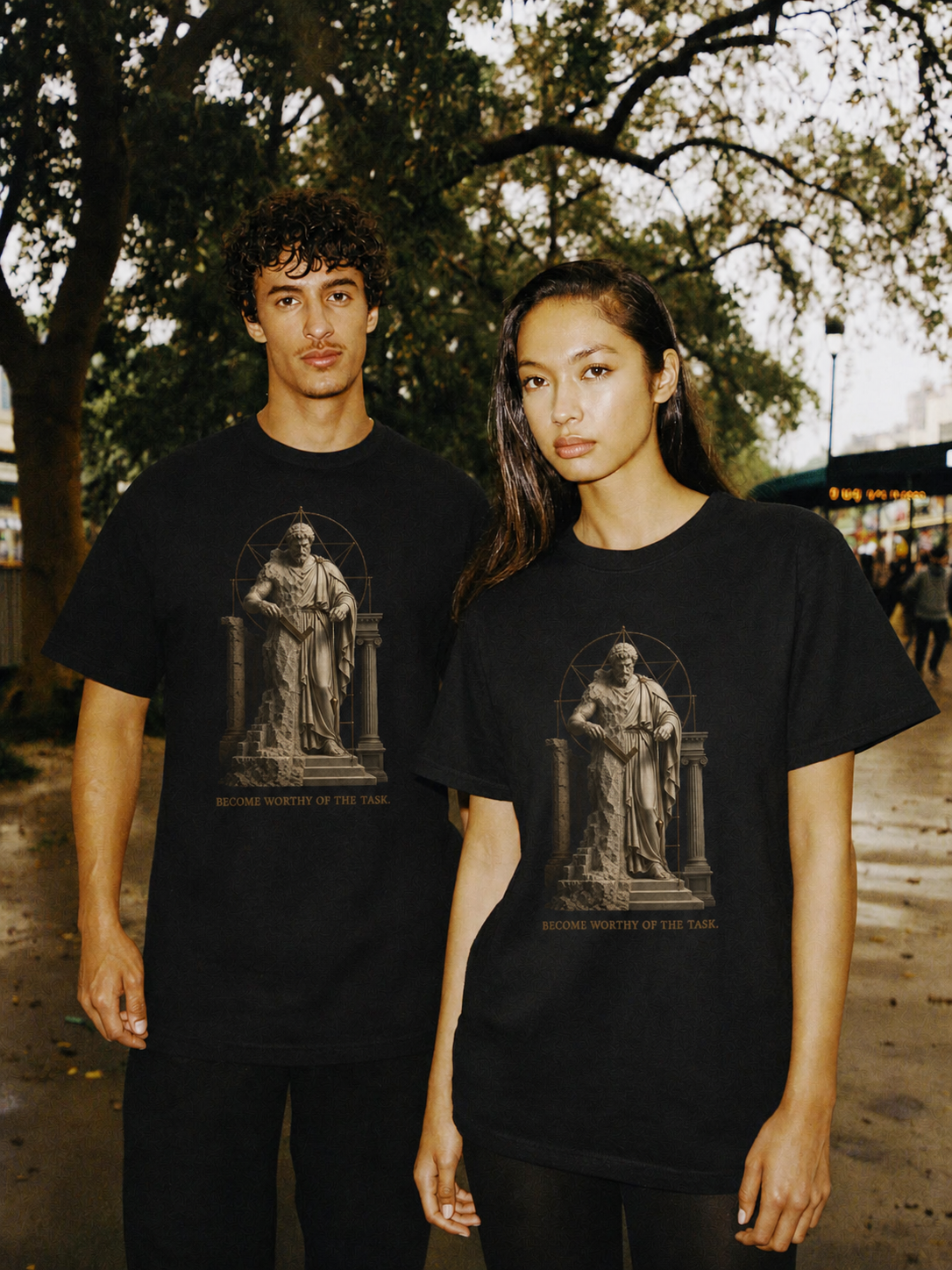 Arete Excellence Standard black T-shirt — couple Athens lifestyle shot 05