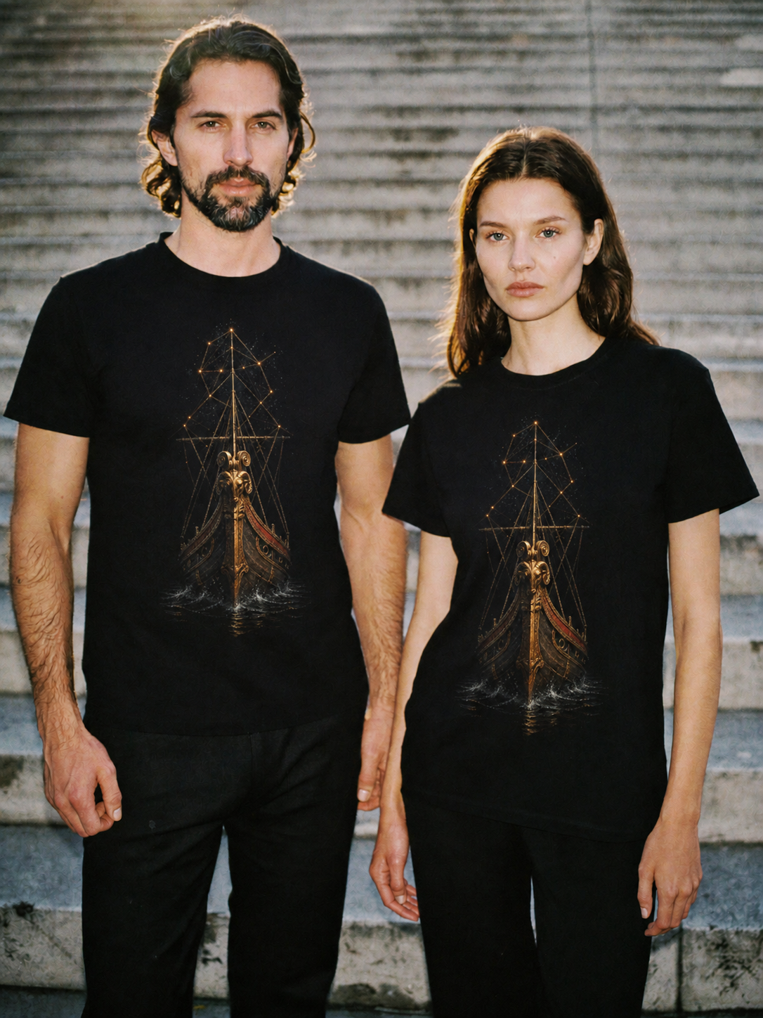 Argo Celestial Hull black T-shirt — couple Athens lifestyle shot 05