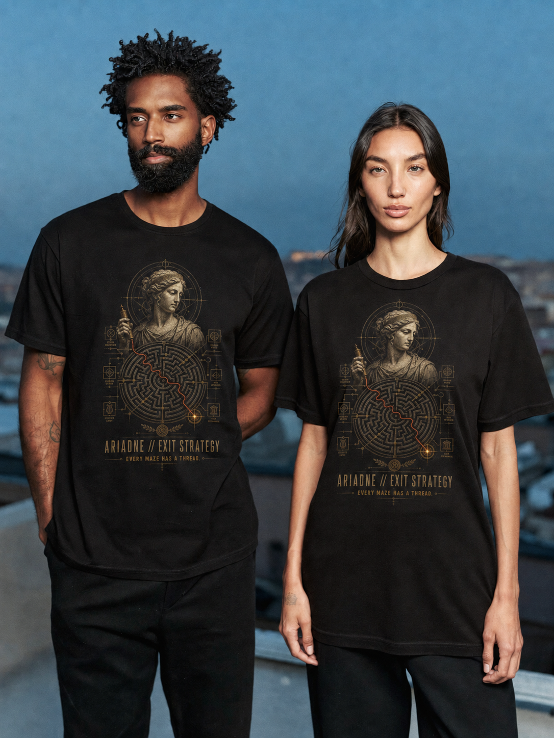 Ariadne Exit Strategy black T-shirt — couple Athens lifestyle shot 05