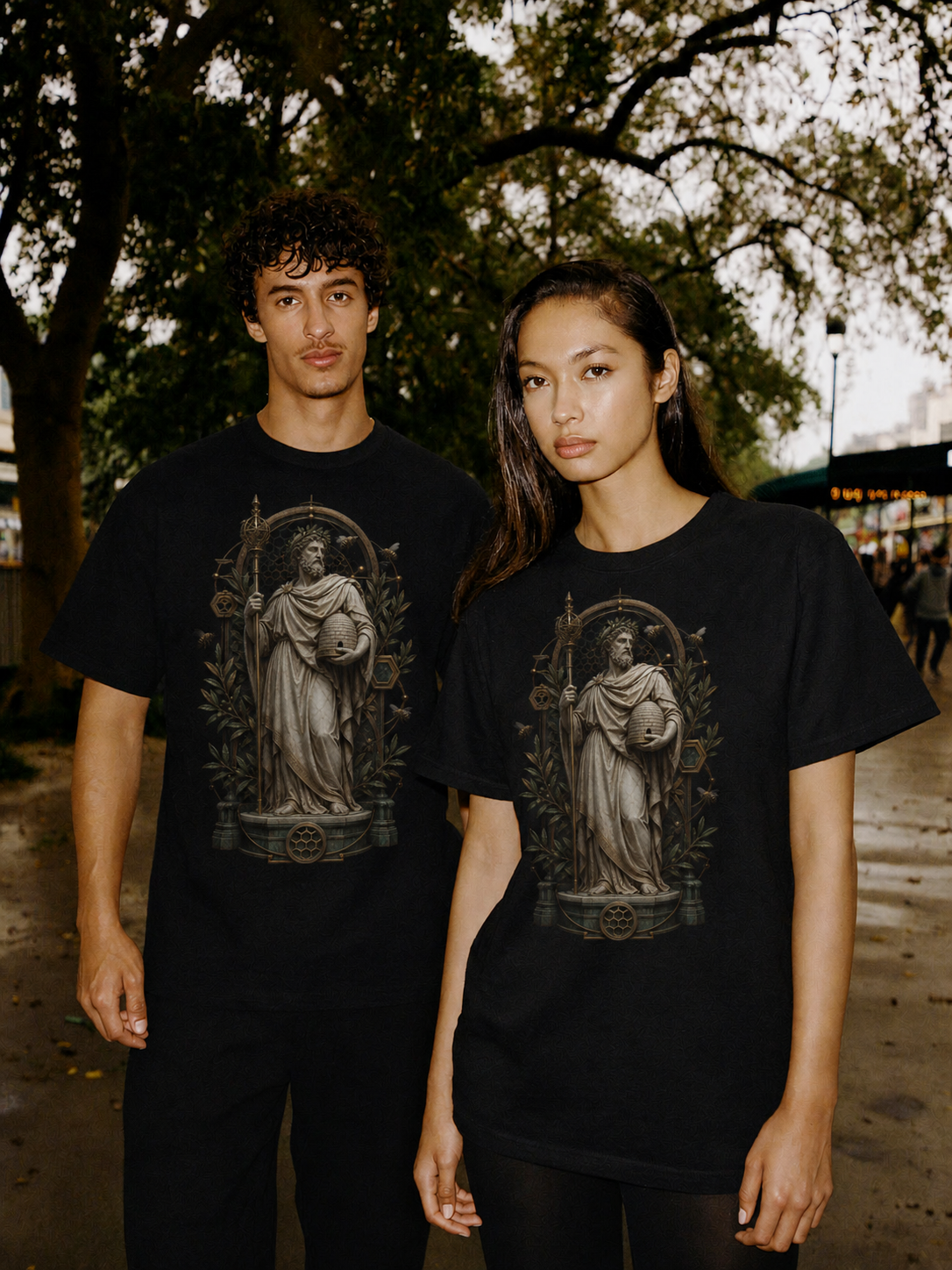 Aristaeus Hive Order black T-shirt — couple Athens lifestyle shot 05
