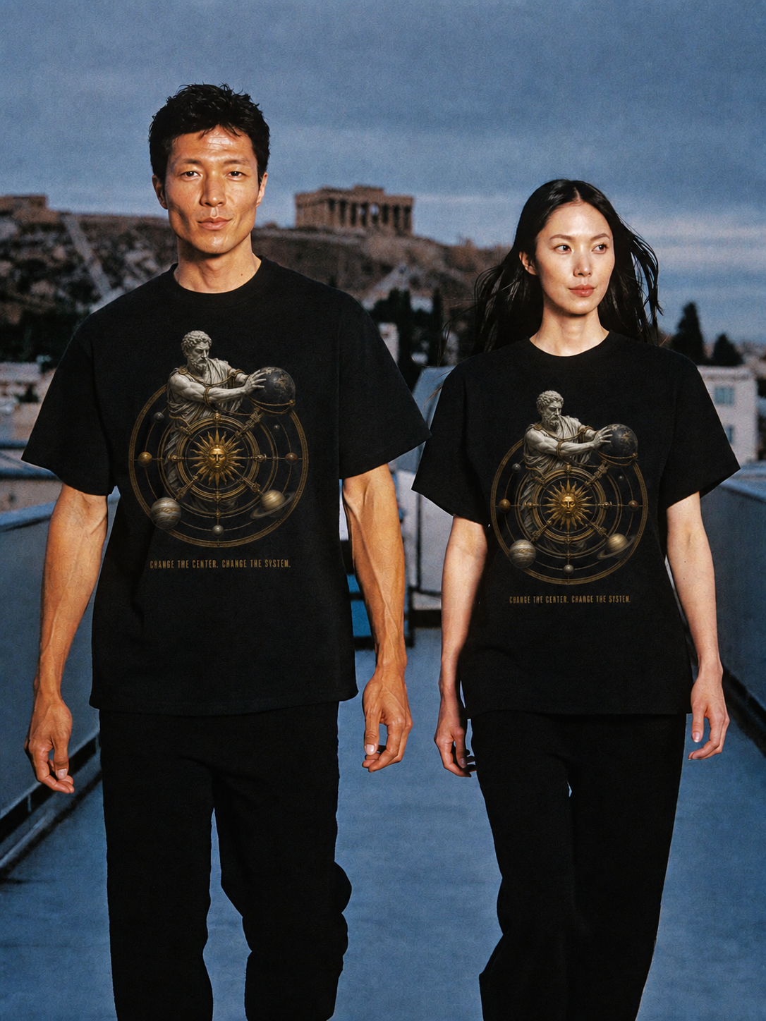Aristarchus Center Shift T-Shirt — couple lifestyle scene 1 in Athens