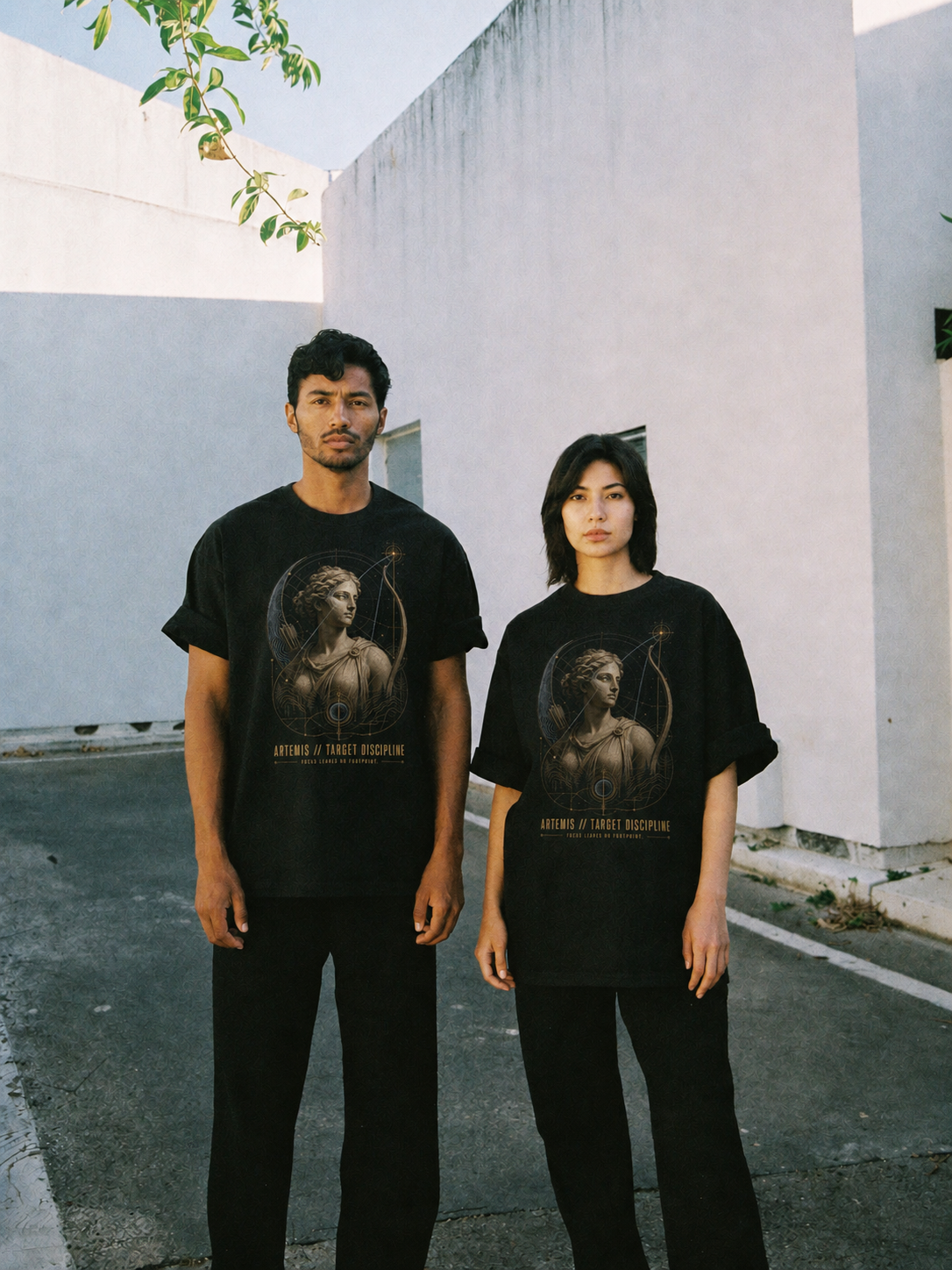 Artemis Target Discipline black T-shirt — couple Athens lifestyle shot 05