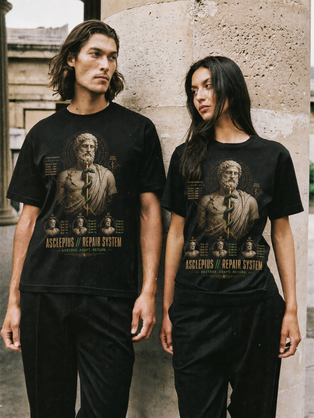 Asclepius Repair System black T-shirt — couple Athens lifestyle shot 05