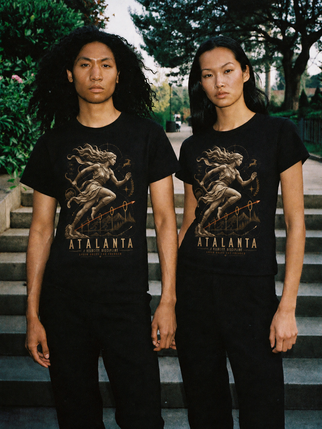 Atalanta Velocity Discipline black T-shirt — couple Athens lifestyle shot 05