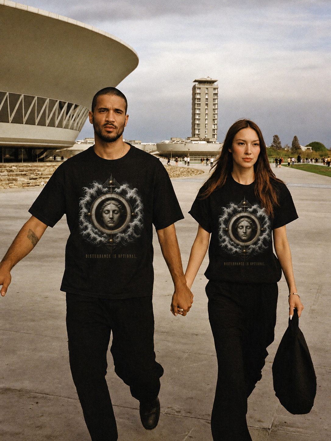 Ataraxia Quiet State black T-shirt — couple Athens lifestyle shot 05