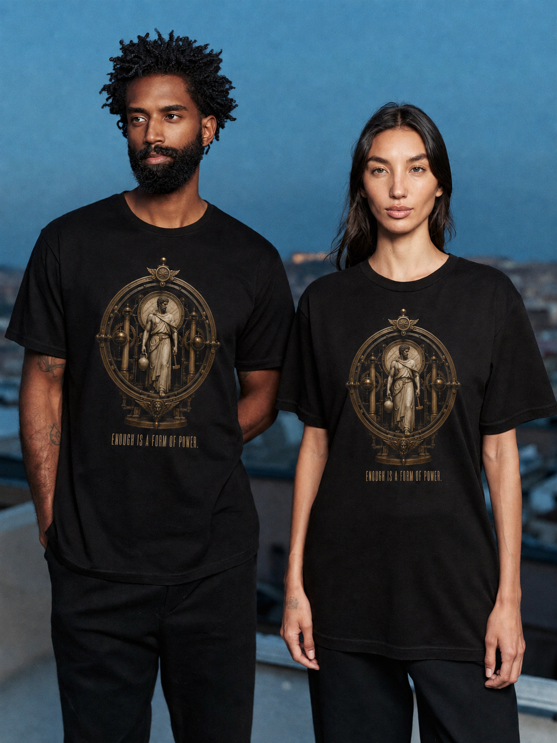 Autarkeia Independent State black T-shirt — couple Athens lifestyle shot 05