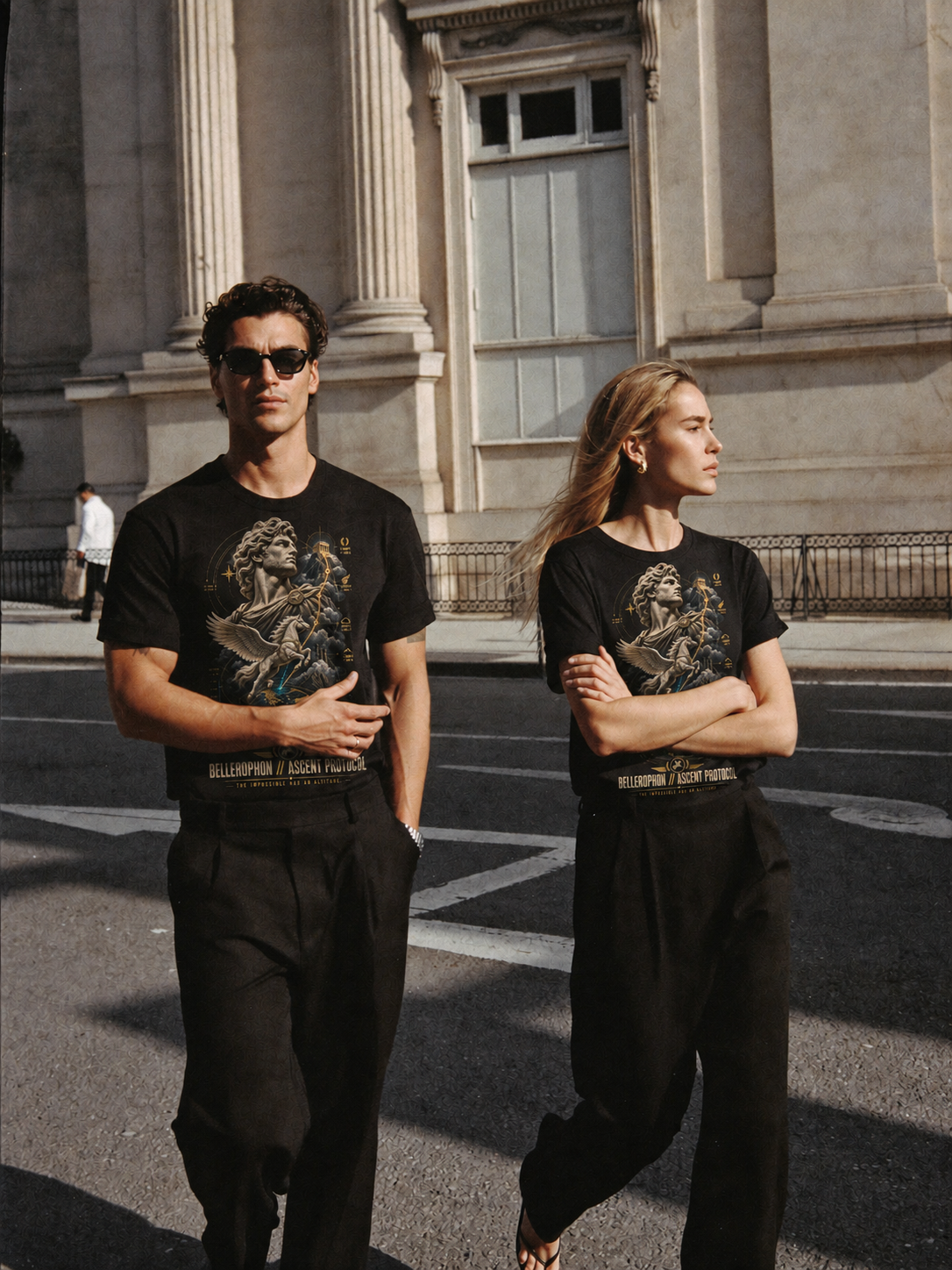 Bellerophon Ascent Protocol black T-shirt — couple Athens lifestyle shot 05