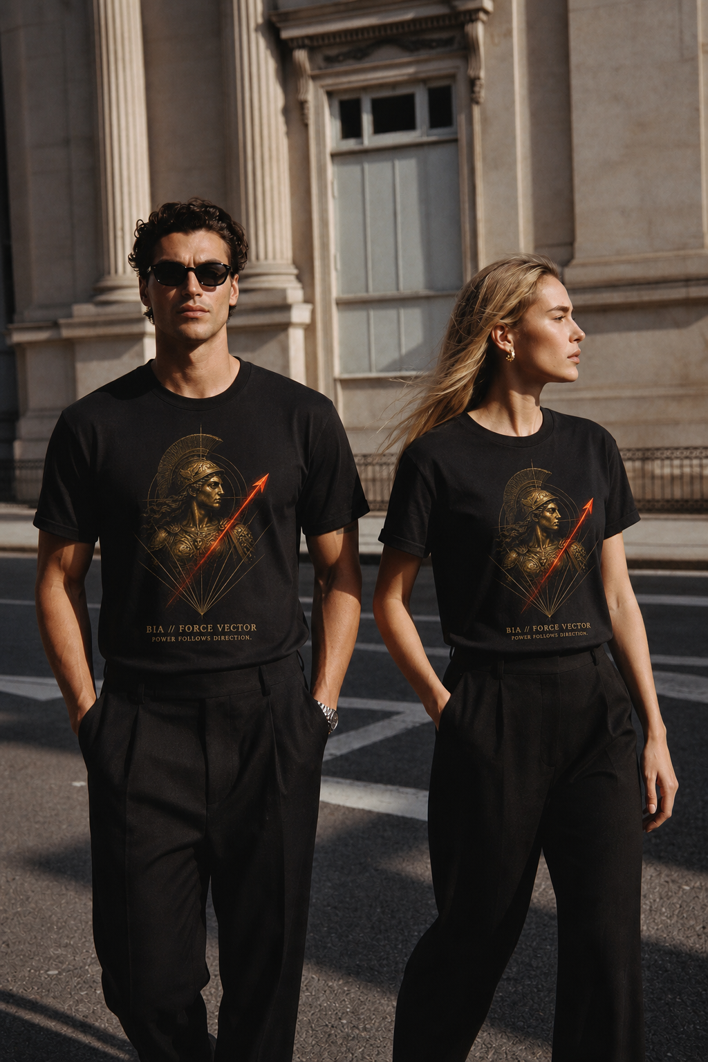 Bia Force Vector black T-shirt — couple Athens lifestyle shot 05