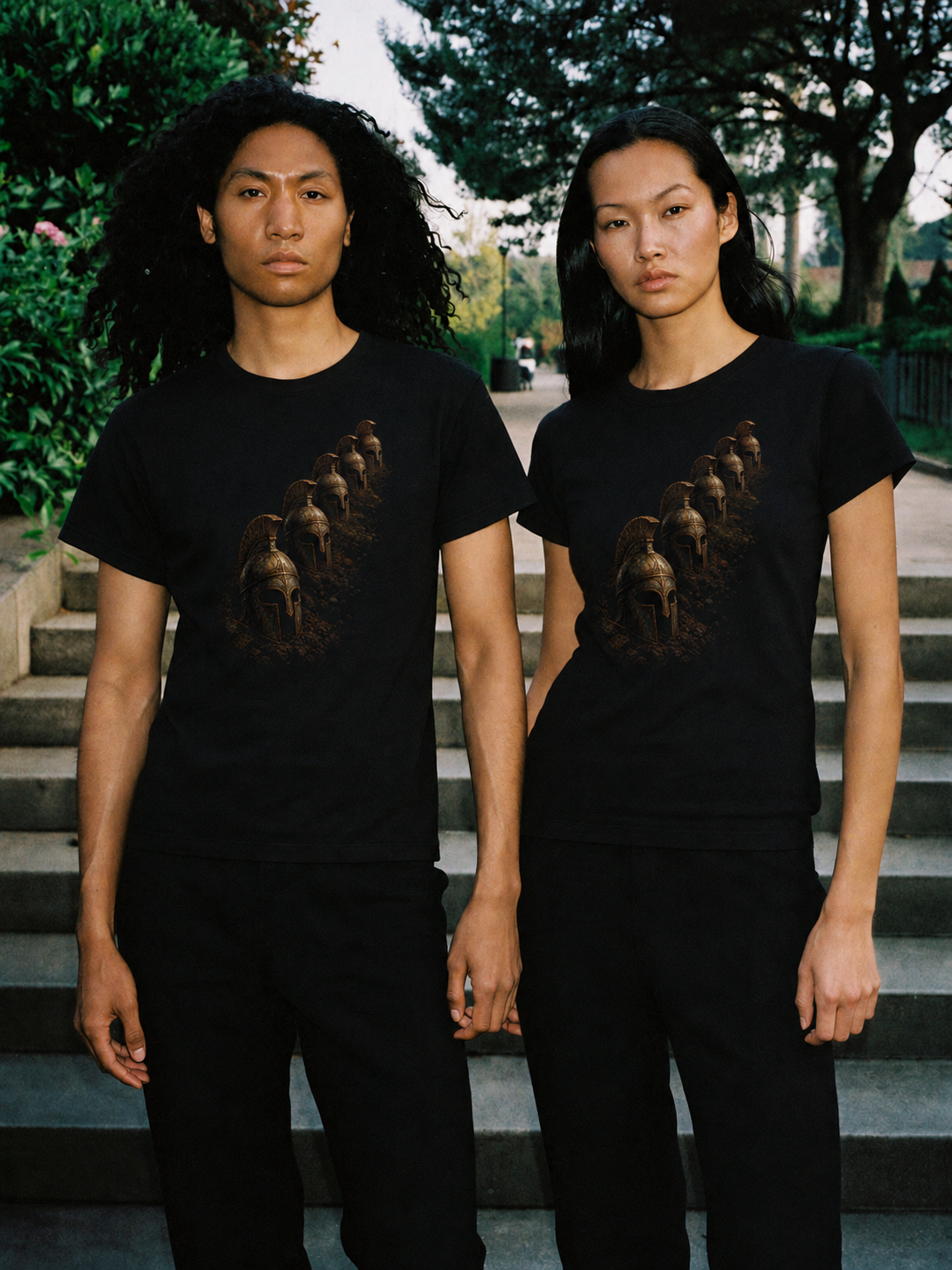 Cadmus Sown Warriors black T-shirt — couple Athens lifestyle shot 05
