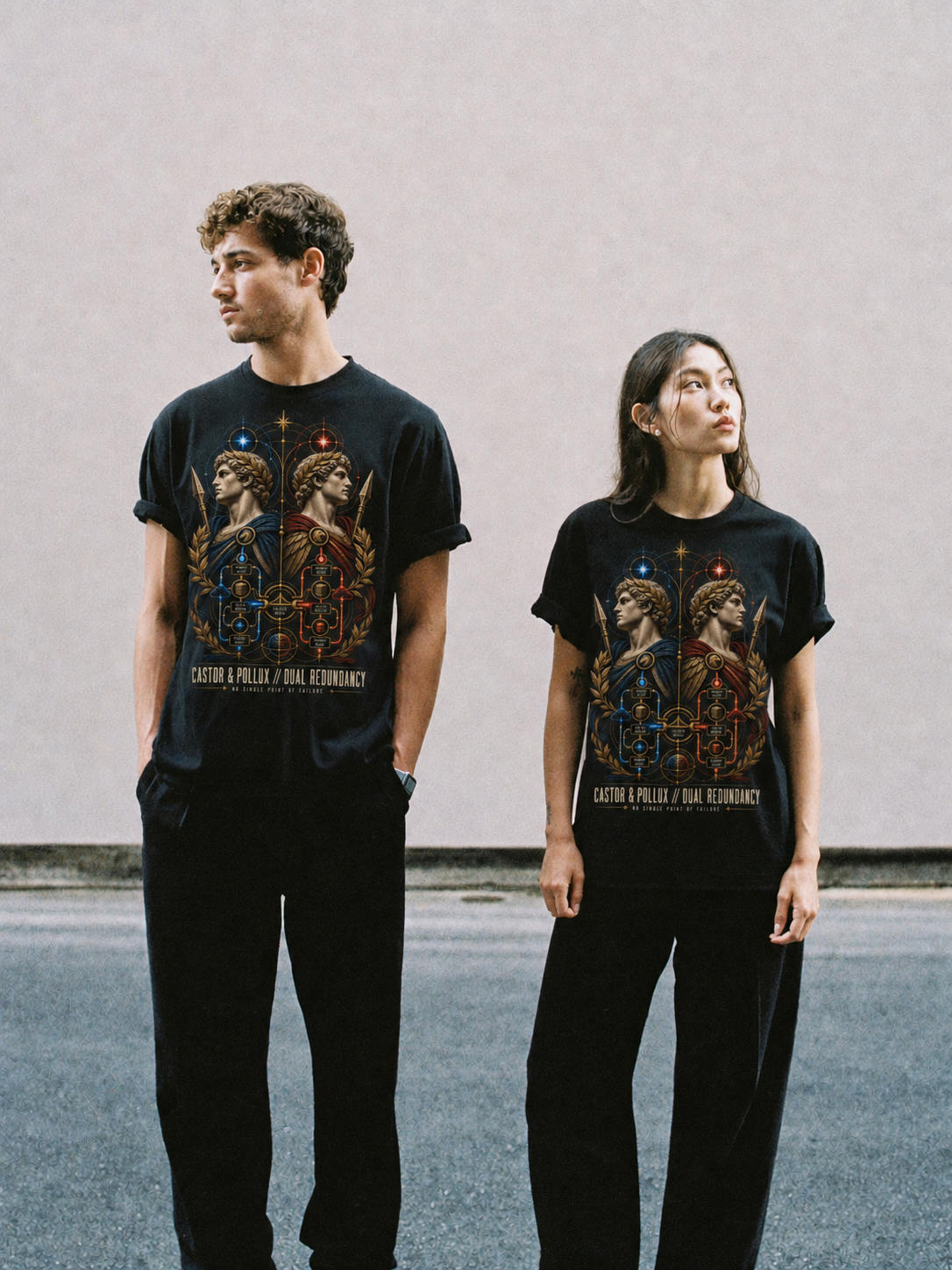 Castor Pollux Dual Redundancy black T-shirt — couple Athens lifestyle shot 05