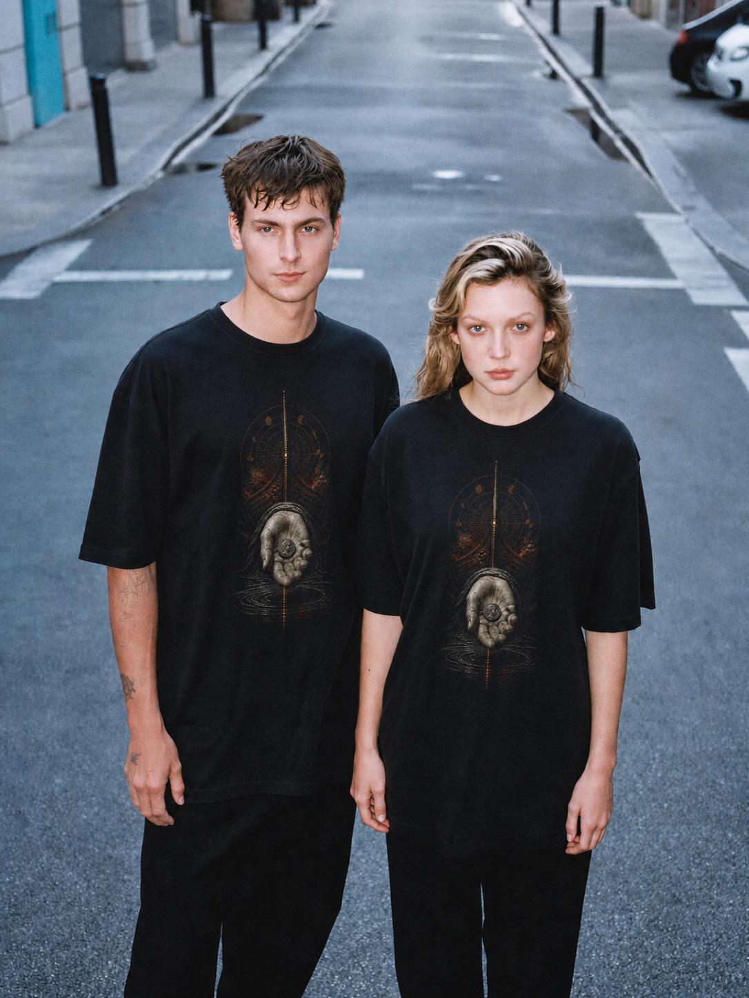 Charon's Obol black T-shirt — couple Athens lifestyle shot 05