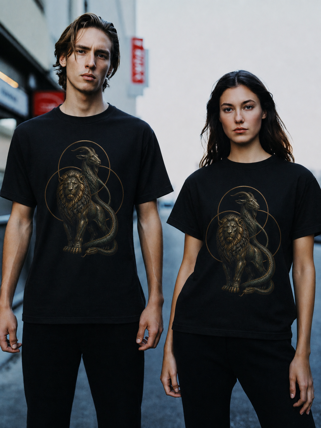 Chimera Tri-Form black T-shirt — couple Athens lifestyle shot 05