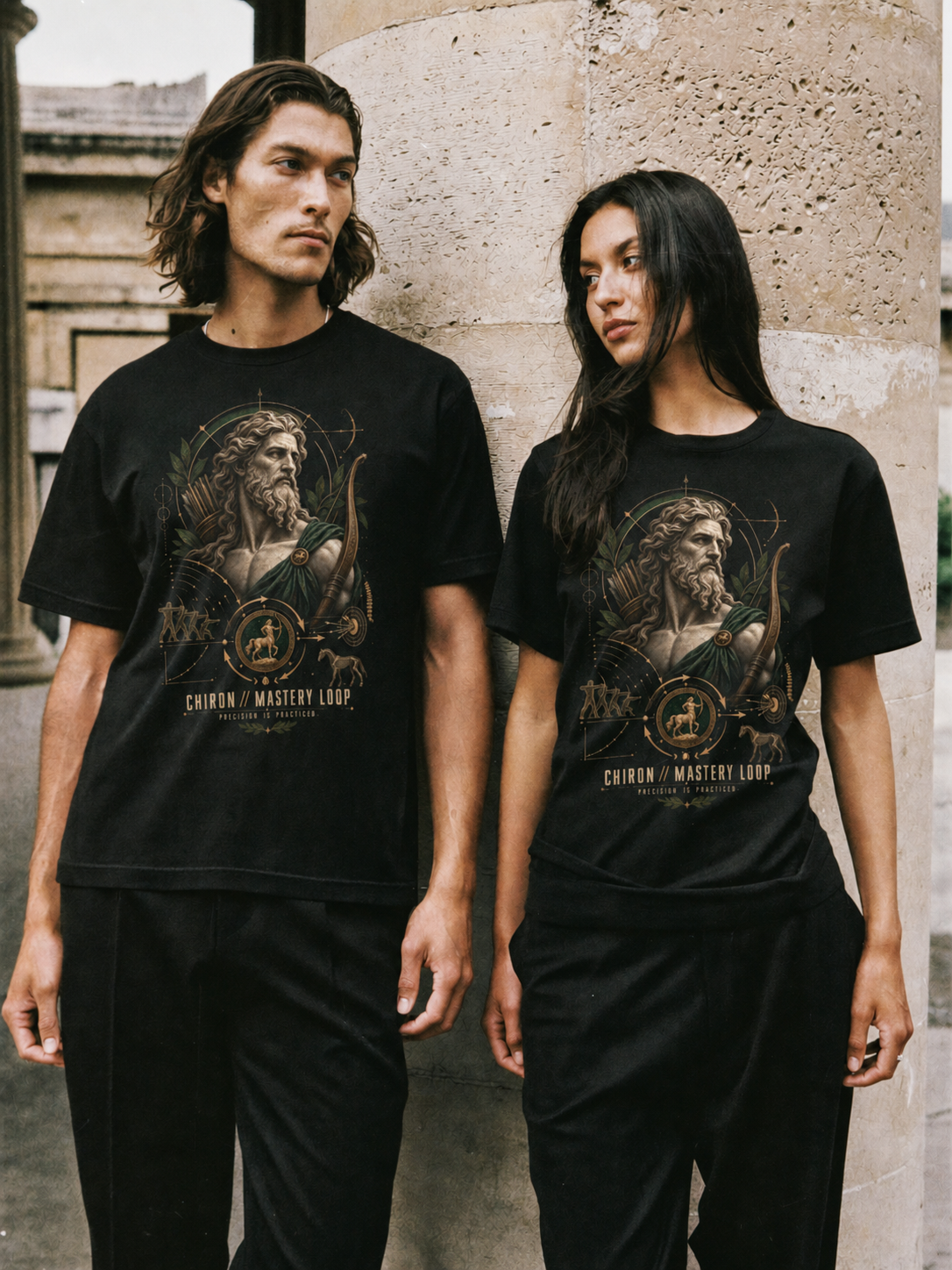 Chiron Mastery Loop black T-shirt — couple Athens lifestyle shot 05