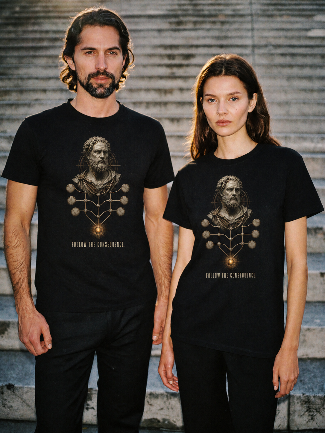 Chrysippus Logic Mesh black T-shirt — couple Athens lifestyle shot 05