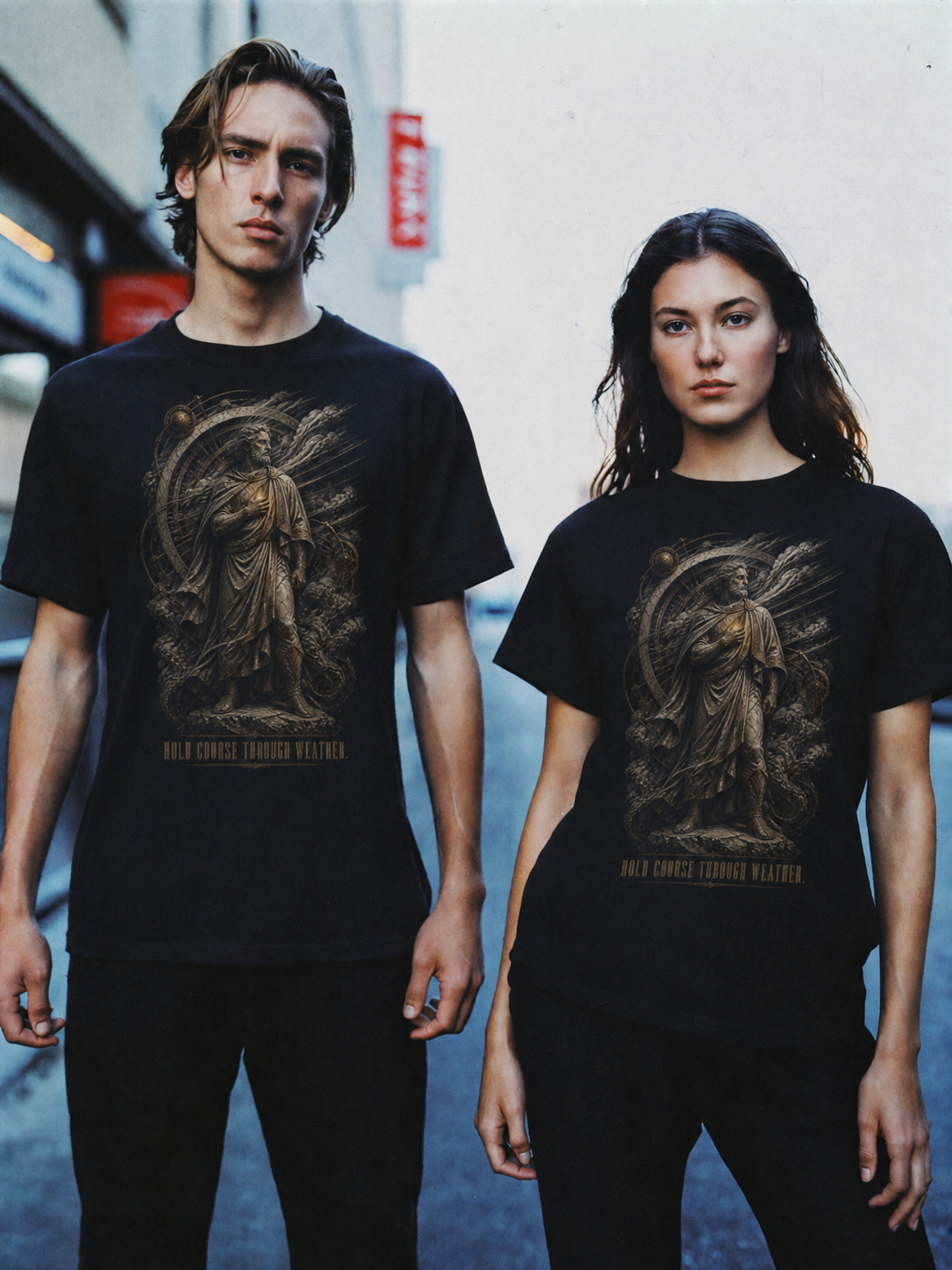 Cleanthes Inner Fire black T-shirt — couple Athens lifestyle shot 05