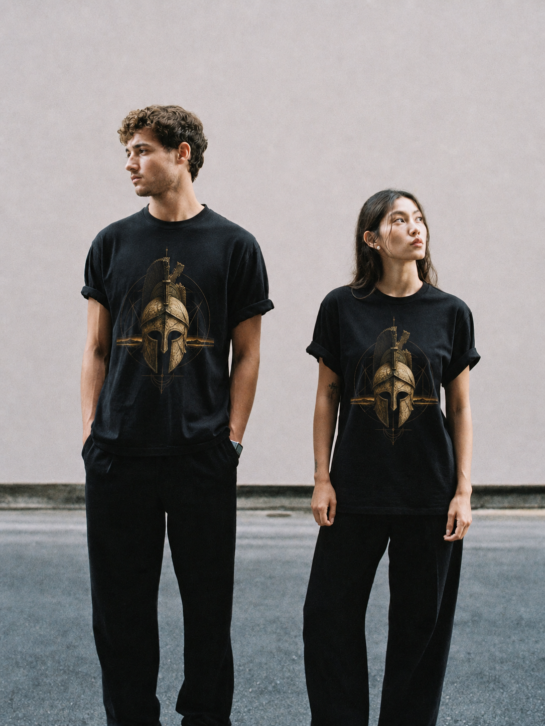 Corinthian Sentinel black T-shirt — couple Athens lifestyle shot 05