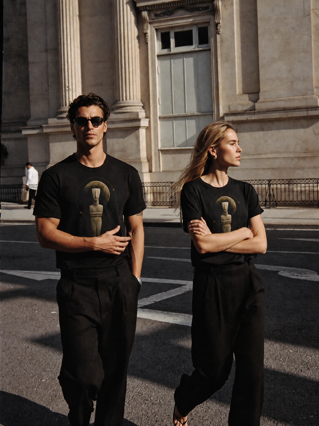 Cycladic Star Figure black T-shirt — couple Athens lifestyle shot 05