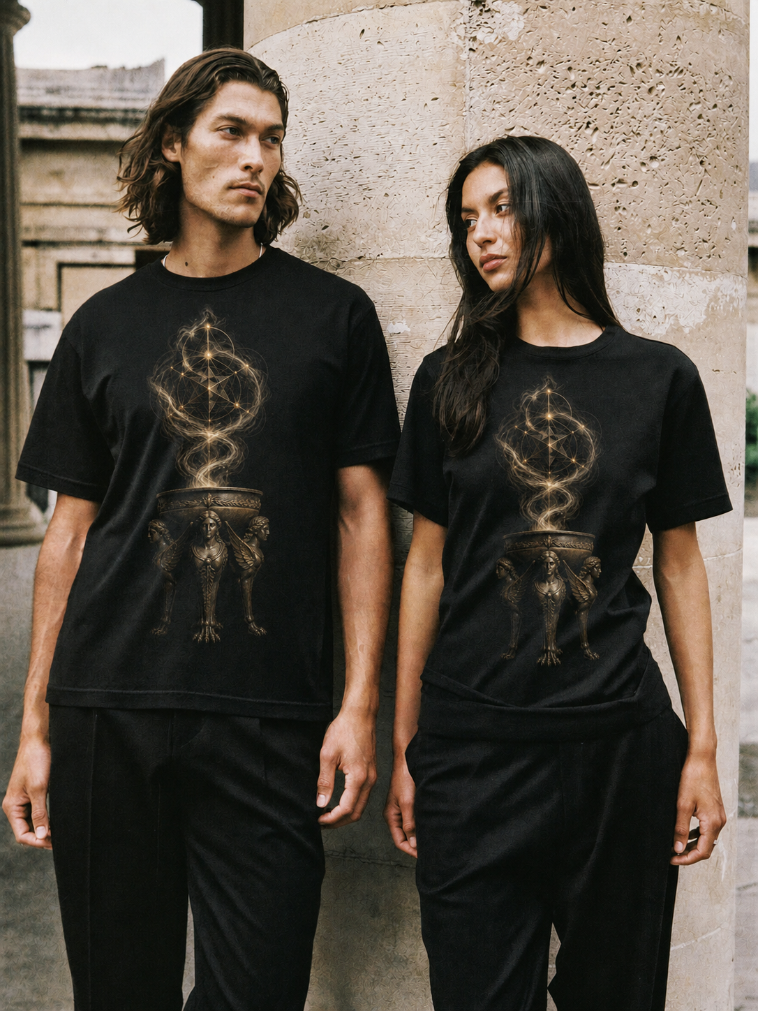 Delphic Tripod black T-shirt — couple Athens lifestyle shot 05