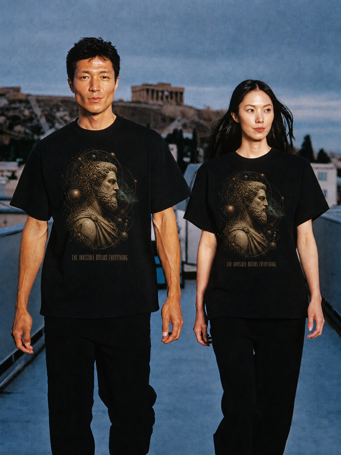 Democritus Atomic Field black T-shirt — couple Athens lifestyle shot 05