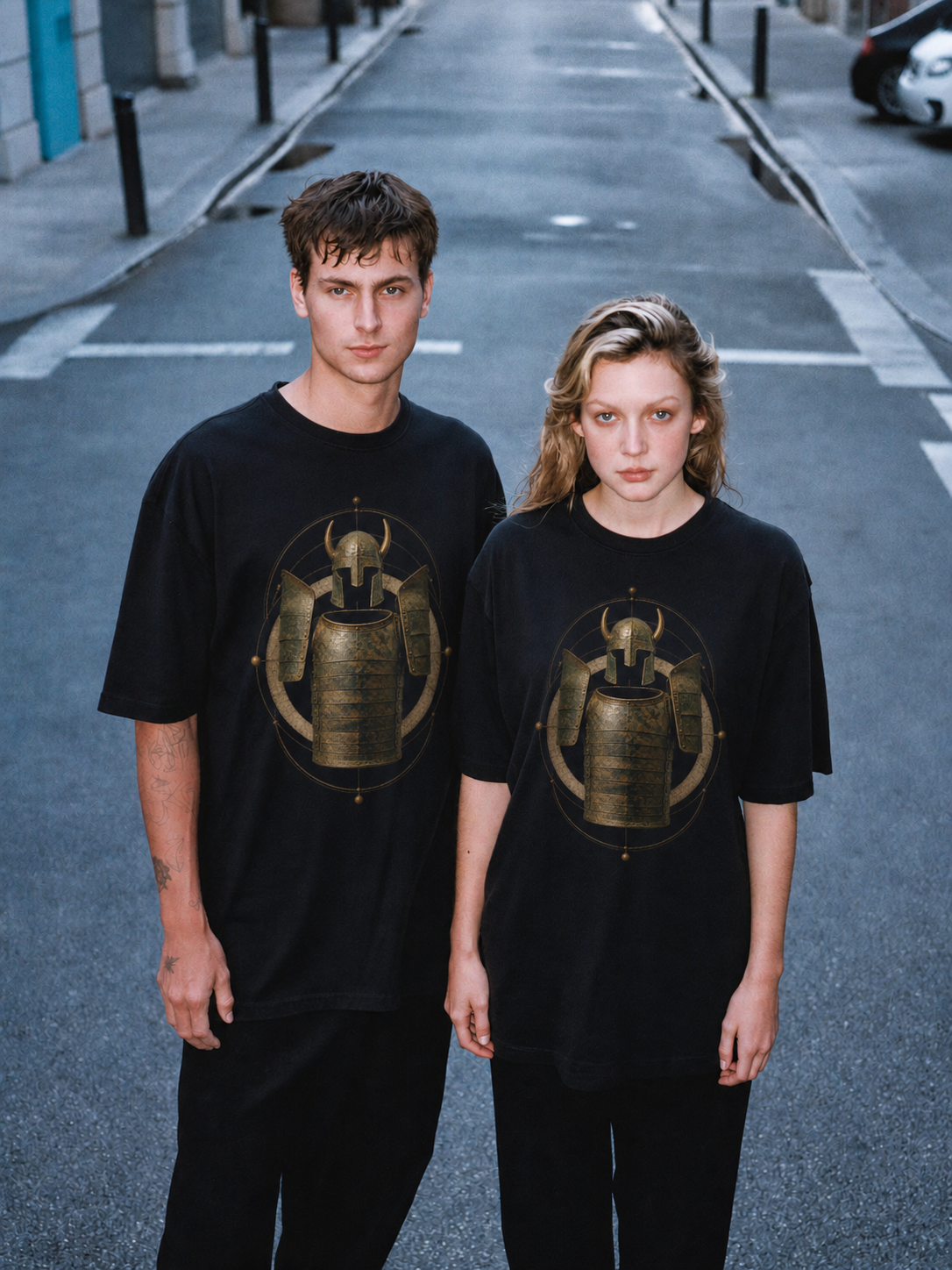 Dendra Bronze Shell black T-shirt — couple Athens lifestyle shot 05