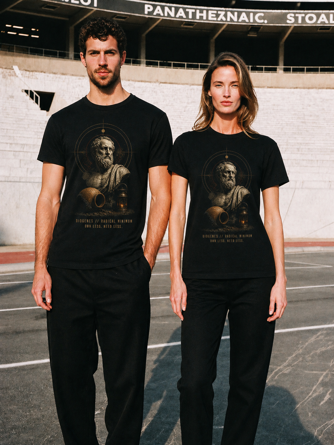 Diogenes Radical Minimum black T-shirt — couple Athens lifestyle shot 05