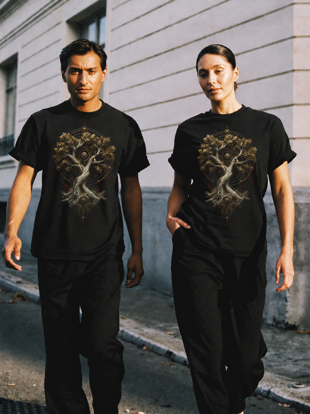 Dodona Sacred Oak black T-shirt — couple Athens lifestyle shot 05
