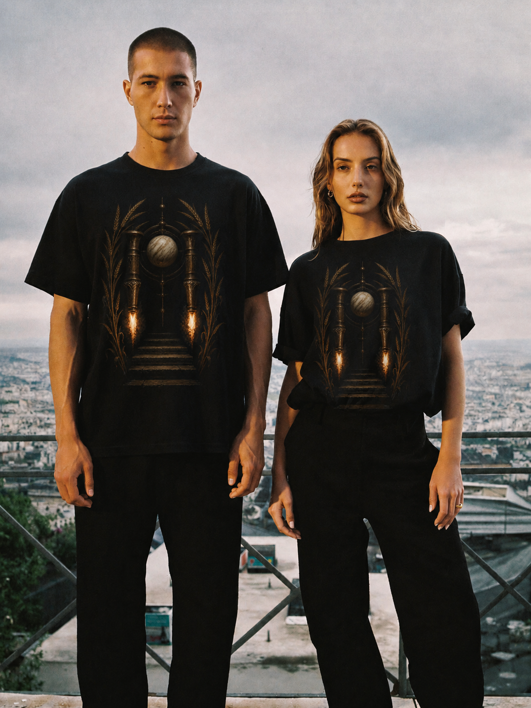 Eleusinian Torch Descent black T-shirt — couple Athens lifestyle shot 05