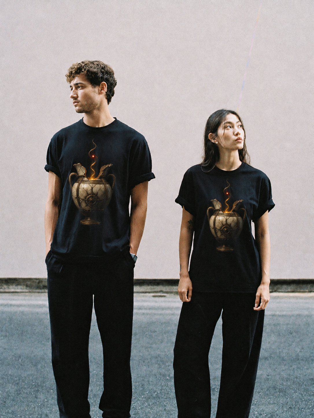 Elpis Last Ember black T-shirt — couple Athens lifestyle shot 05
