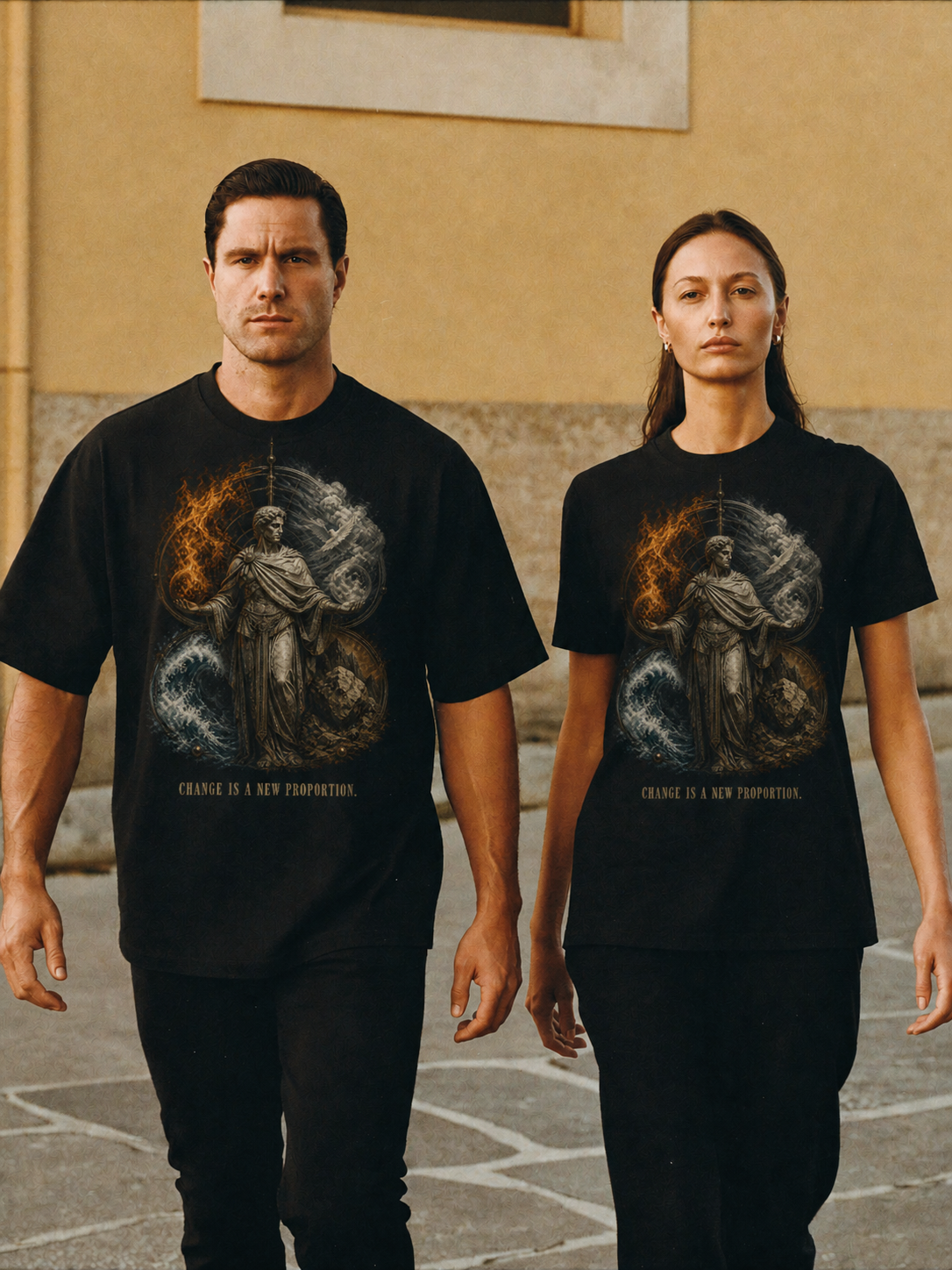 Empedocles Four Roots black T-shirt — couple Athens lifestyle shot 05