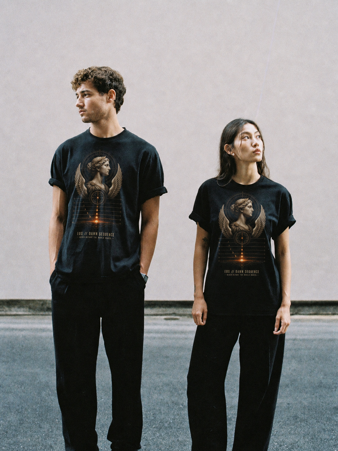 Eos Dawn Sequence black T-shirt — couple Athens lifestyle shot 05