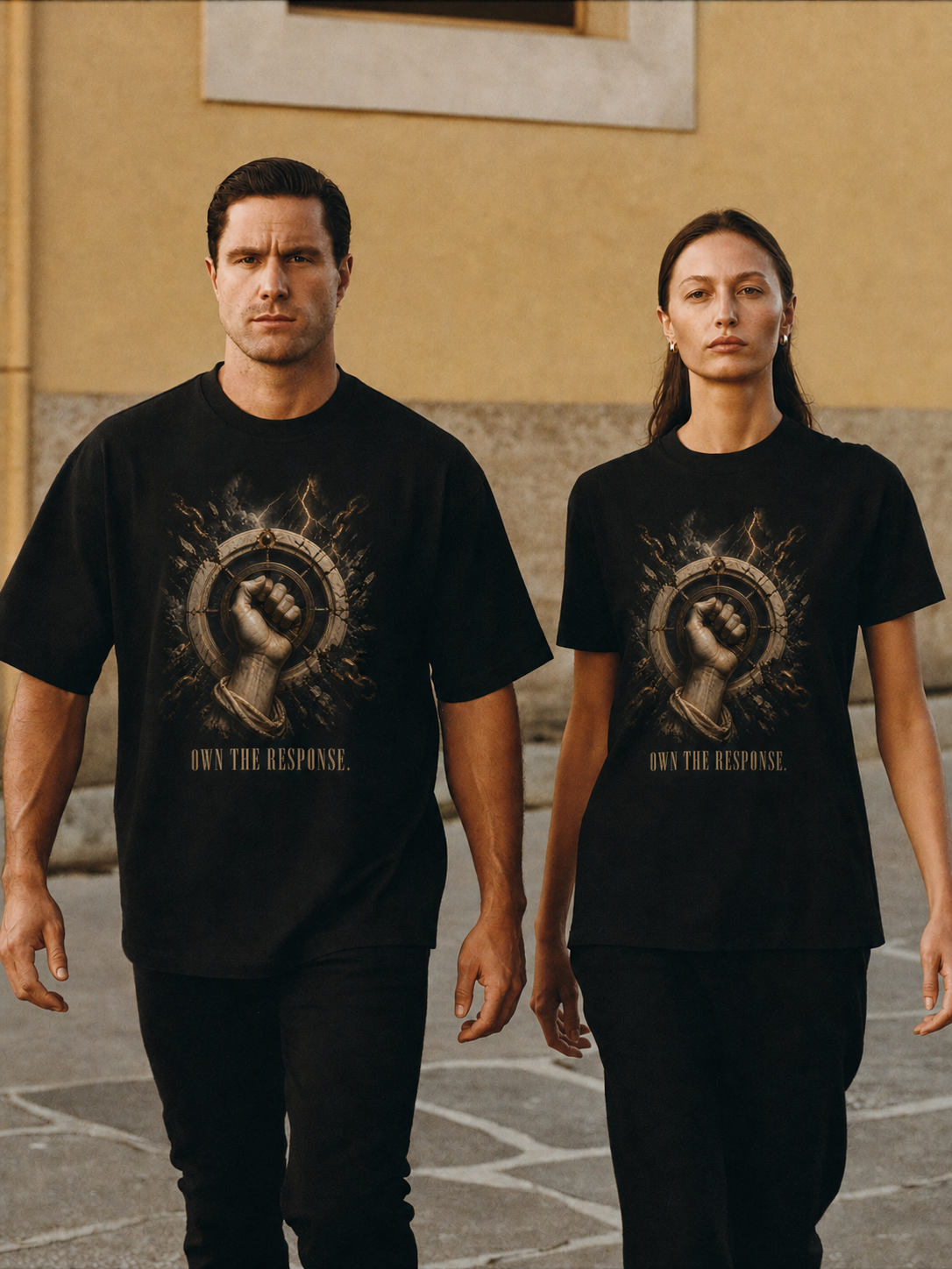 Epictetus Control Boundary black T-shirt — couple Athens lifestyle shot 05