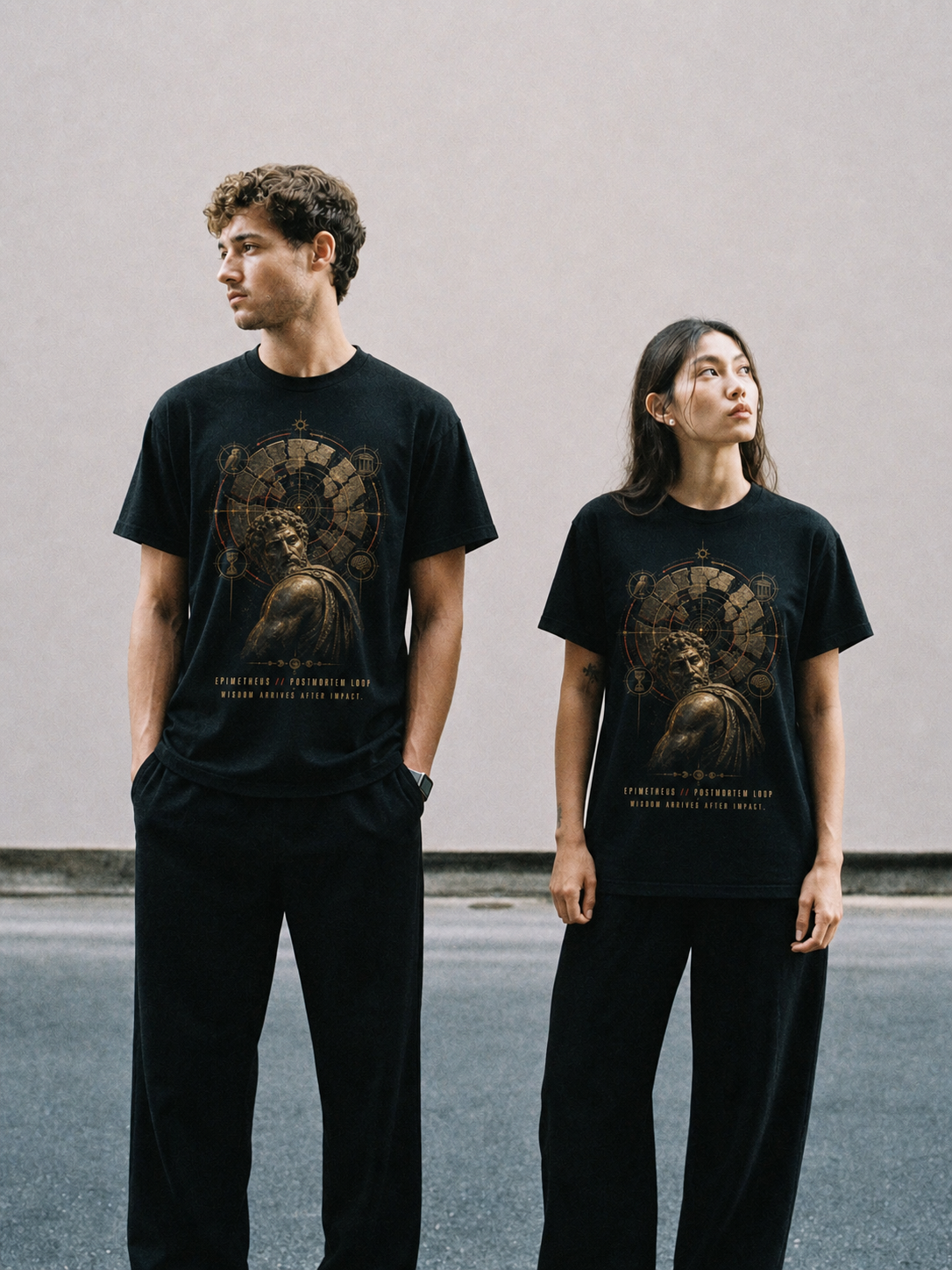 Epimetheus Postmortem Loop black T-shirt — couple Athens lifestyle shot 05