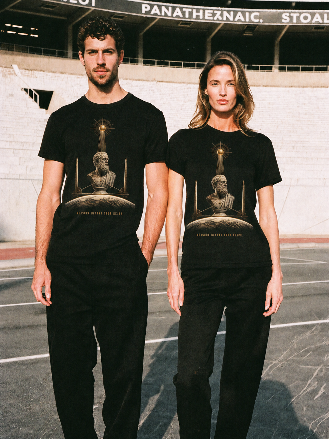 Eratosthenes Shadow Measure T-Shirt — couple lifestyle scene 1 in Athens