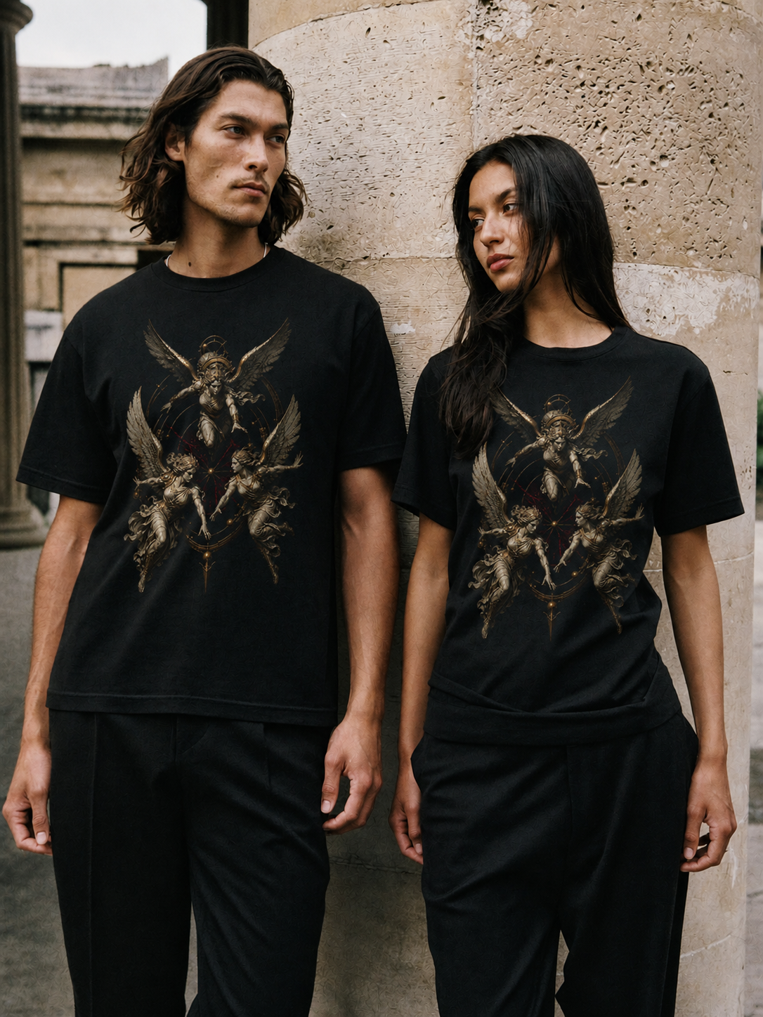 Erinyes Triple Pursuit black T-shirt — couple Athens lifestyle shot 05