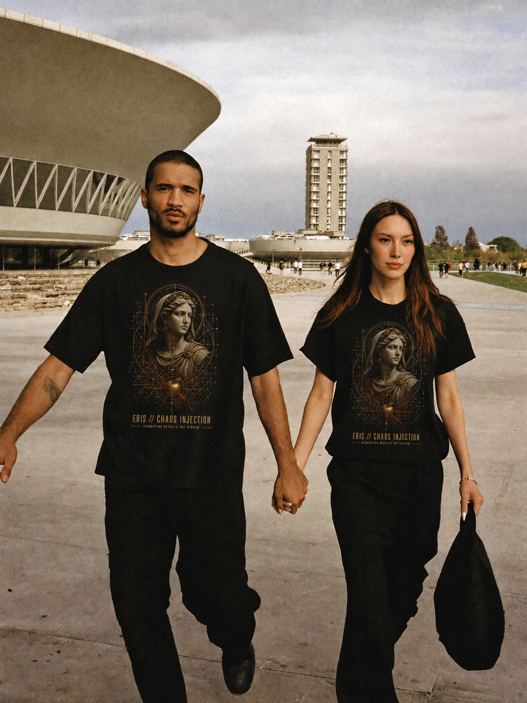 Eris Chaos Injection black T-shirt — couple Athens lifestyle shot 05