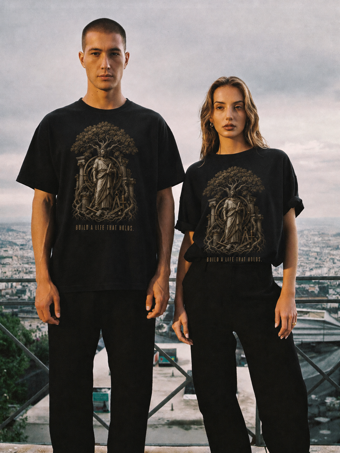 Eudaimonia Human Flourishing black T-shirt — couple Athens lifestyle shot 05