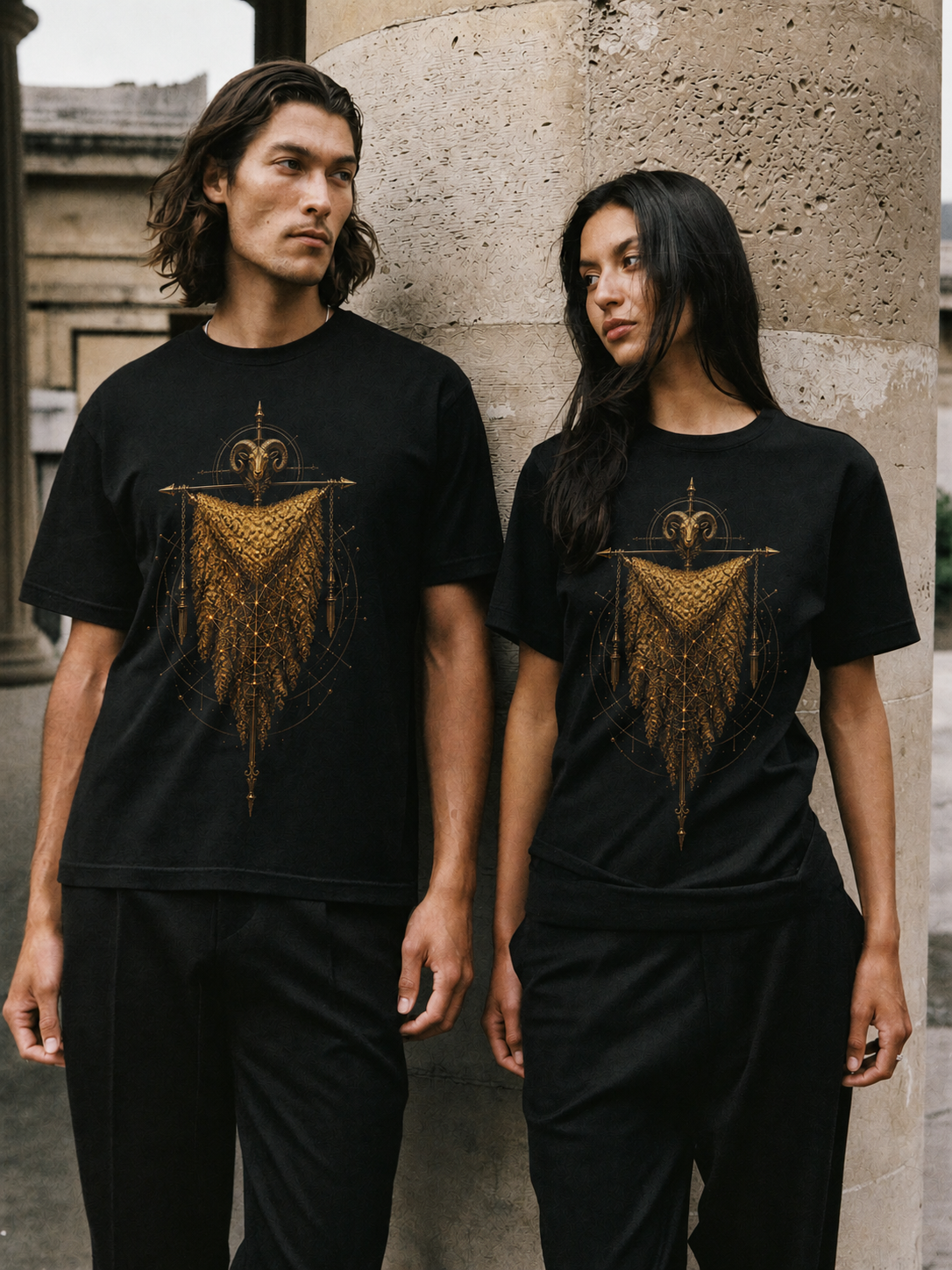Golden Fleece Relic black T-shirt — couple Athens lifestyle shot 05